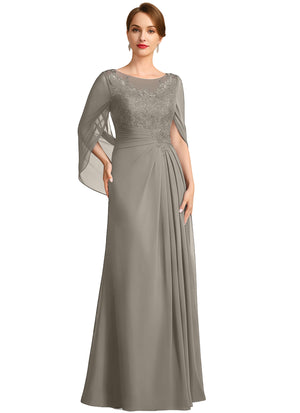 A-line Scoop Illusion Floor-Length Lace Chiffon Mother of the Bride Dress With Sequins Pleated