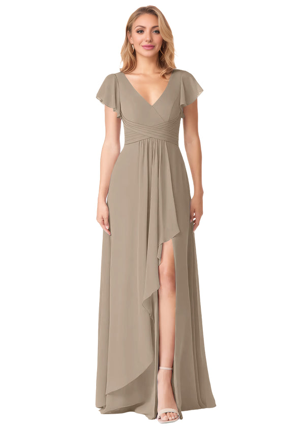 A-line V-Neck Floor-Length Chiffon Bridesmaid Dress With Ruffle