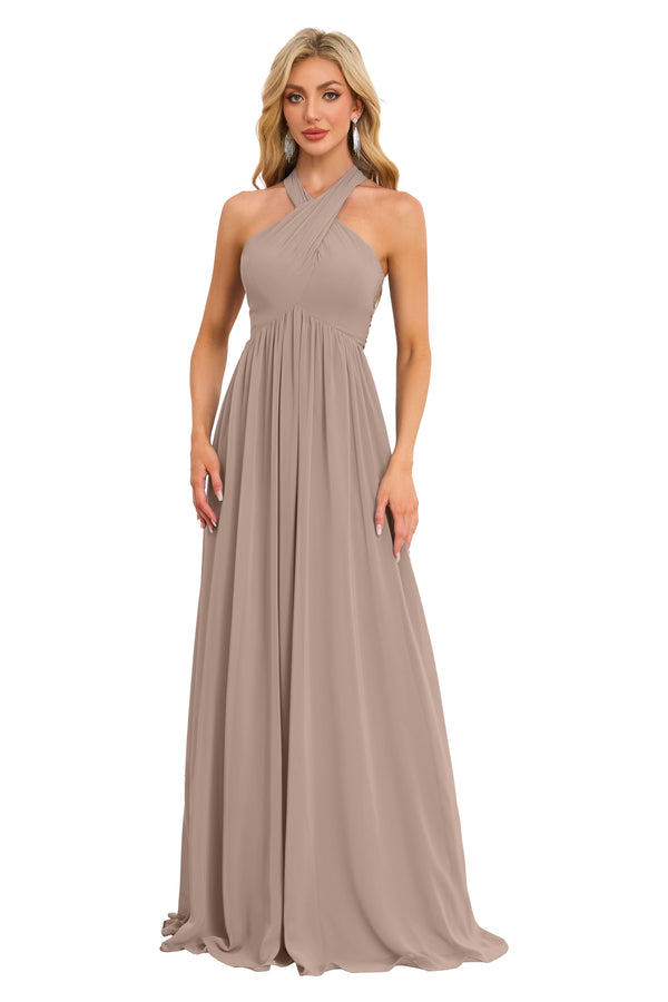 A-line Halter Floor-Length Chiffon Bridesmaid Dress With Ruffle