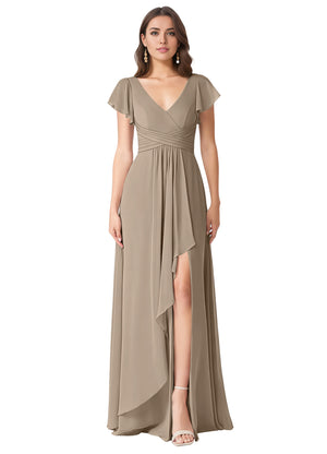 A-line V-Neck Floor-Length Chiffon Bridesmaid Dress With Ruffle