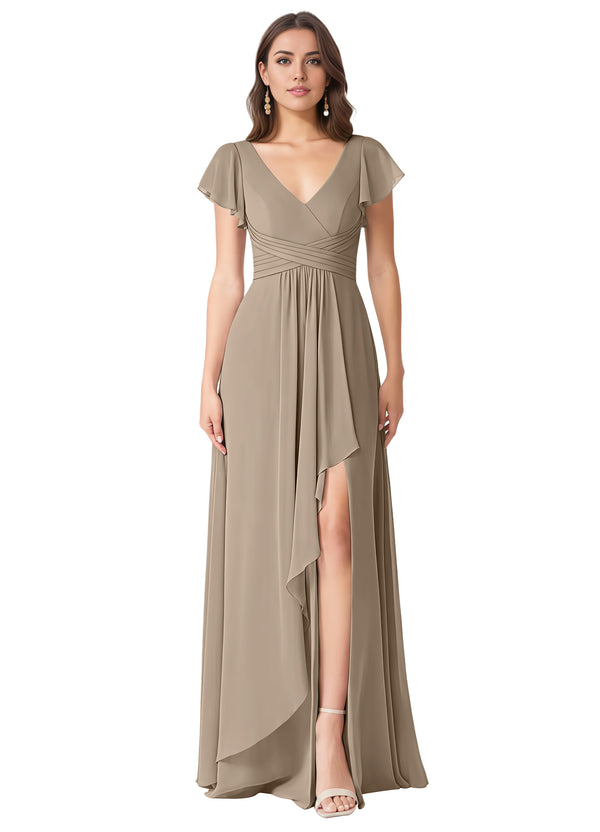 A-line V-Neck Floor-Length Chiffon Bridesmaid Dress With Ruffle