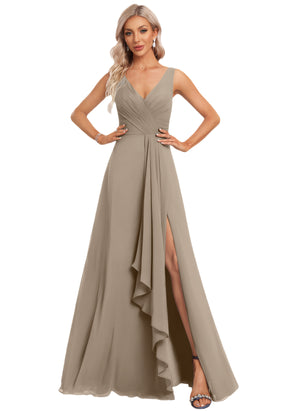 A-line V-Neck Floor-Length Chiffon Bridesmaid Dress with Ruffle
