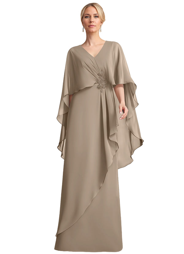 A-line V-Neck Floor-Length Chiffon Mother of the Bride Dress With Cascading Ruffles Beading