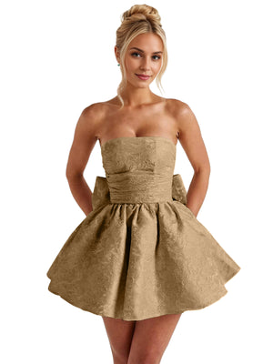 A-Line Strapless Short Jacquard Prom Dresses With Bow