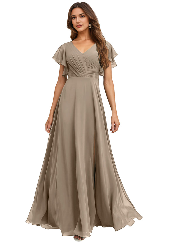A-line V-Neck Floor-Length Chiffon Bridesmaid Dress With Ruffle