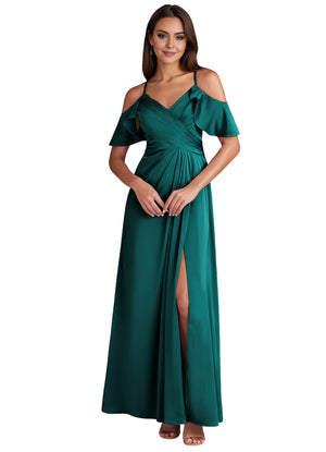 A-line Cold Shoulder Floor-Length Satin Bridesmaid Dress With Ruffle