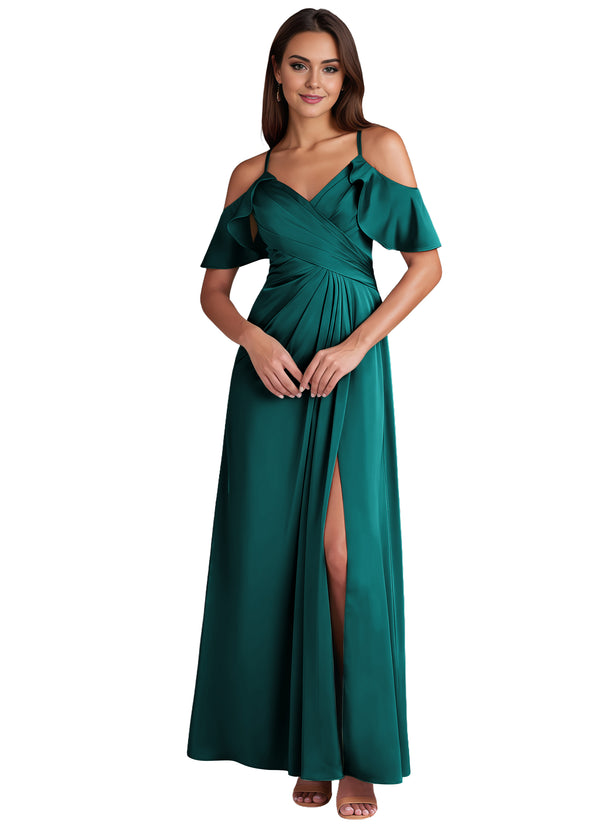 A-line Cold Shoulder Floor-Length Satin Bridesmaid Dress With Ruffle
