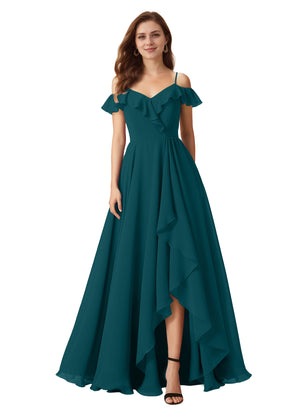 A-line Cold Shoulder Floor-Length Chiffon Bridesmaid Dress With Ruffle