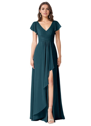 A-line V-Neck Floor-Length Chiffon Bridesmaid Dress With Ruffle