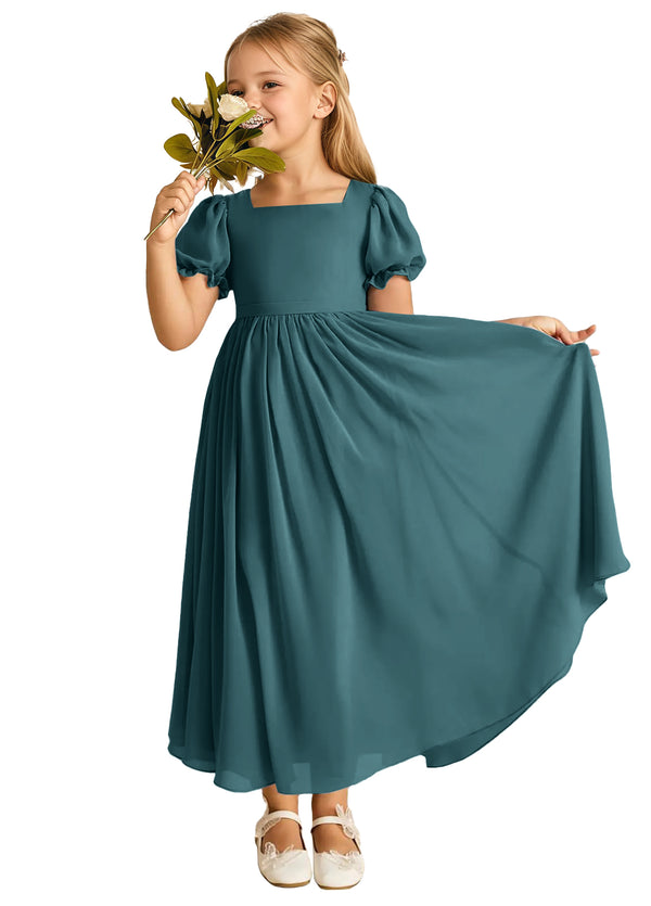 A-line Scoop-Neck Short Sleeves Chiffon Junior Bridesmaid Dress