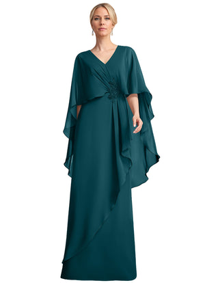 A-line V-Neck Floor-Length Chiffon Mother of the Bride Dress With Cascading Ruffles Beading