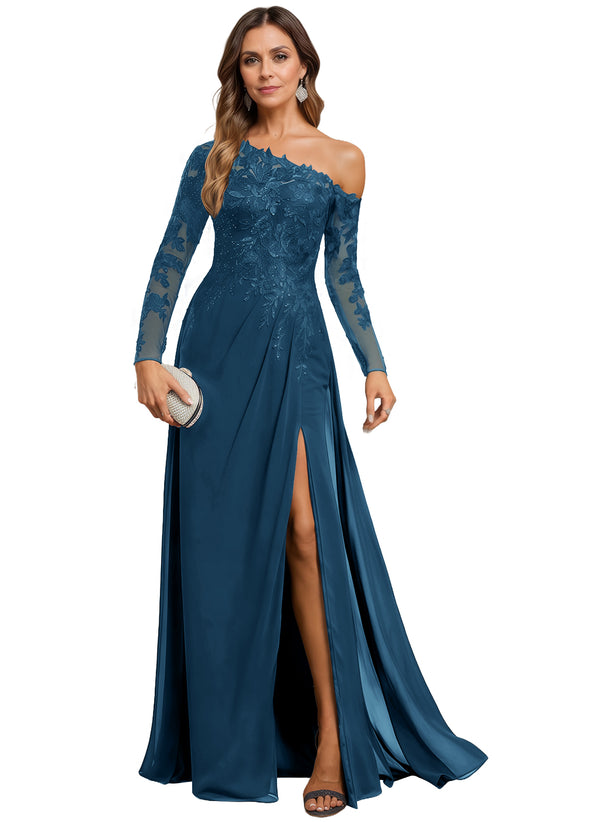 Trumpet/Mermaid Asymmetrical Illusion Floor-Length Lace Chiffon Evening Dress With Sequins