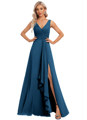 A-line V-Neck Floor-Length Chiffon Bridesmaid Dress with Ruffle