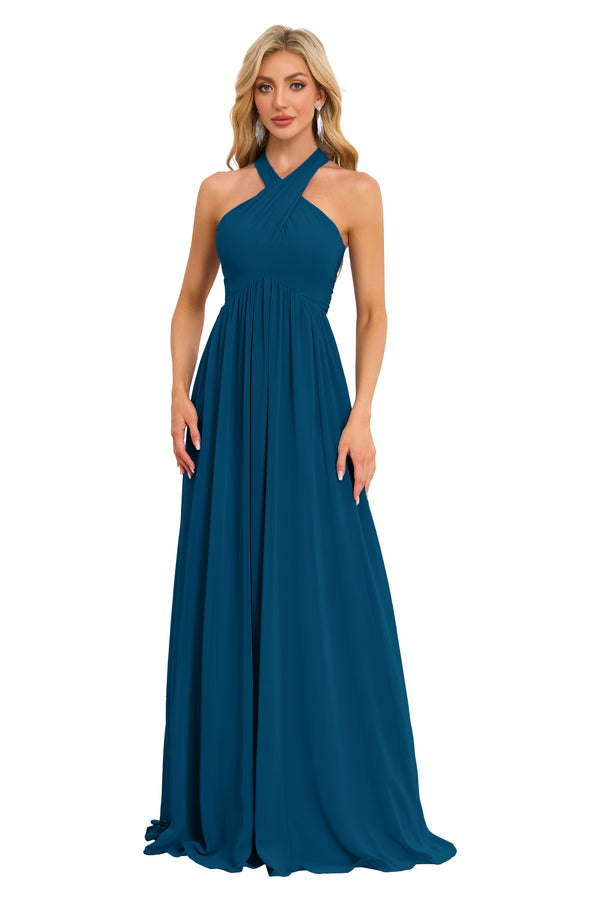 A-line Halter Floor-Length Chiffon Bridesmaid Dress With Ruffle