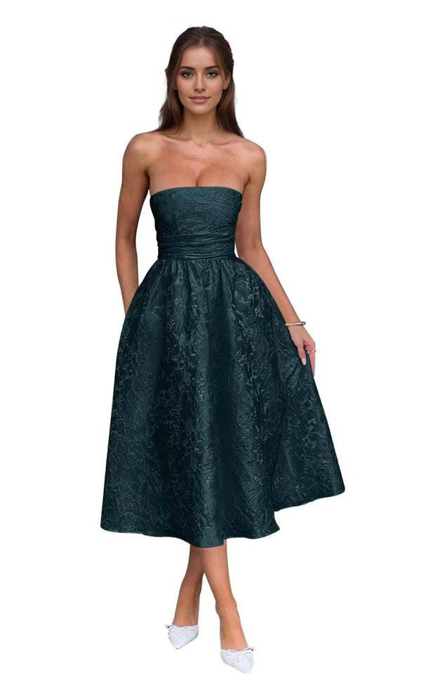 A-Line Strapless Tea-Length Jacquard Prom Dresses