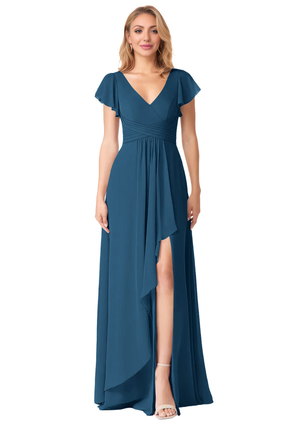 A-line V-Neck Floor-Length Chiffon Bridesmaid Dress With Ruffle