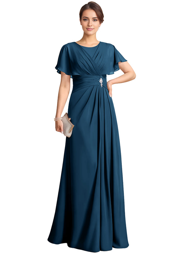 A-line Scoop Floor-Length Chiffon Mother of the Bride Dress With Pleated Beading