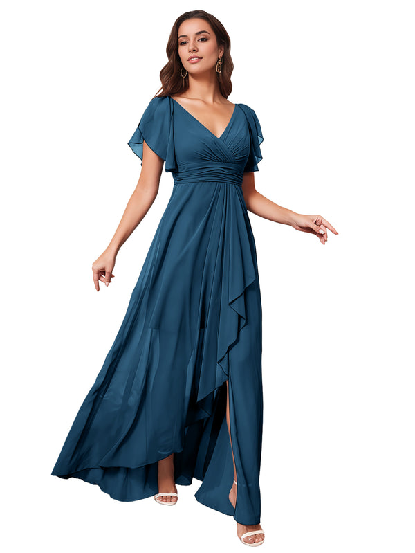 A-line V-Neck Floor-Length Chiffon Bridesmaid Dress With Ruffle
