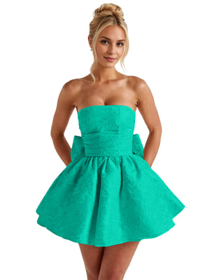 A-Line Strapless Short Jacquard Prom Dresses With Bow