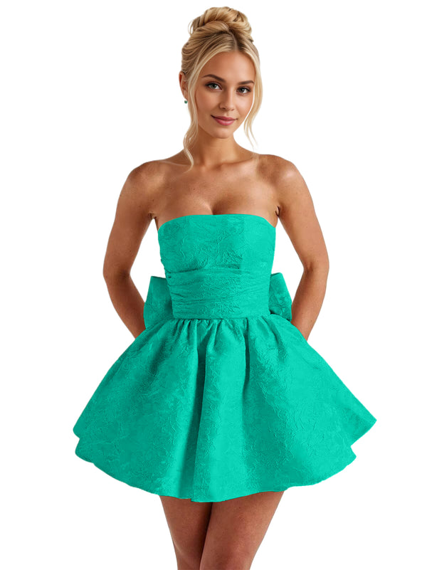 A-Line Strapless Short Jacquard Prom Dresses With Bow