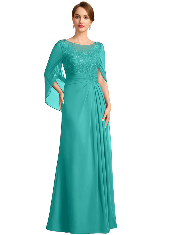 A-line Scoop Illusion Floor-Length Lace Chiffon Mother of the Bride Dress With Sequins Pleated