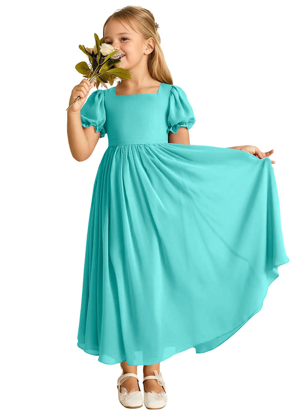 A-line Scoop-Neck Short Sleeves Chiffon Junior Bridesmaid Dress