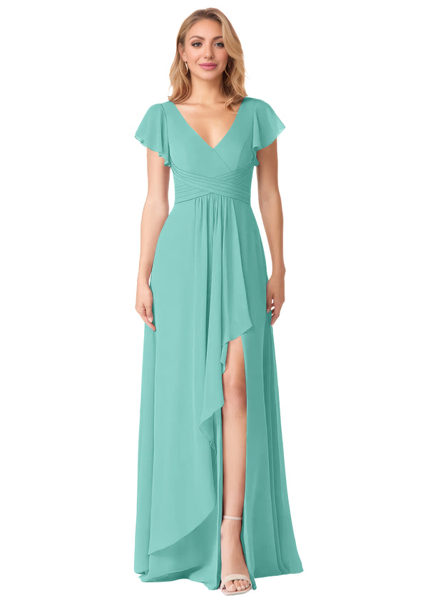 A-line V-Neck Floor-Length Chiffon Bridesmaid Dress With Ruffle