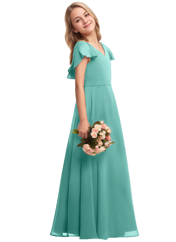 A-line V-Neck Floor-Length Chiffon Junior Bridesmaid Dress
