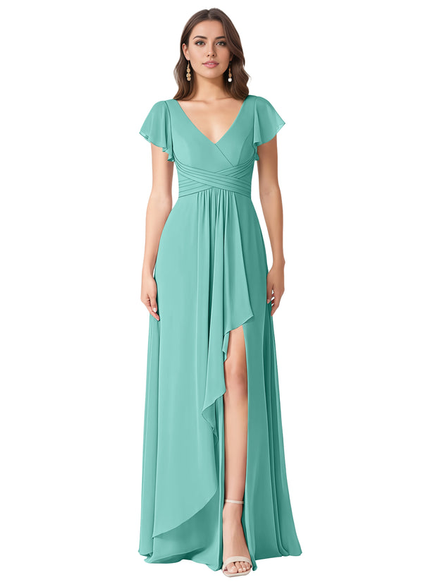 A-line V-Neck Floor-Length Chiffon Bridesmaid Dress With Ruffle