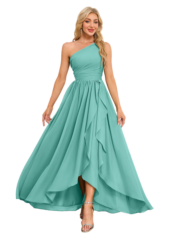 A-line One Shoulder Floor-Length Chiffon Bridesmaid Dress With Ruffle