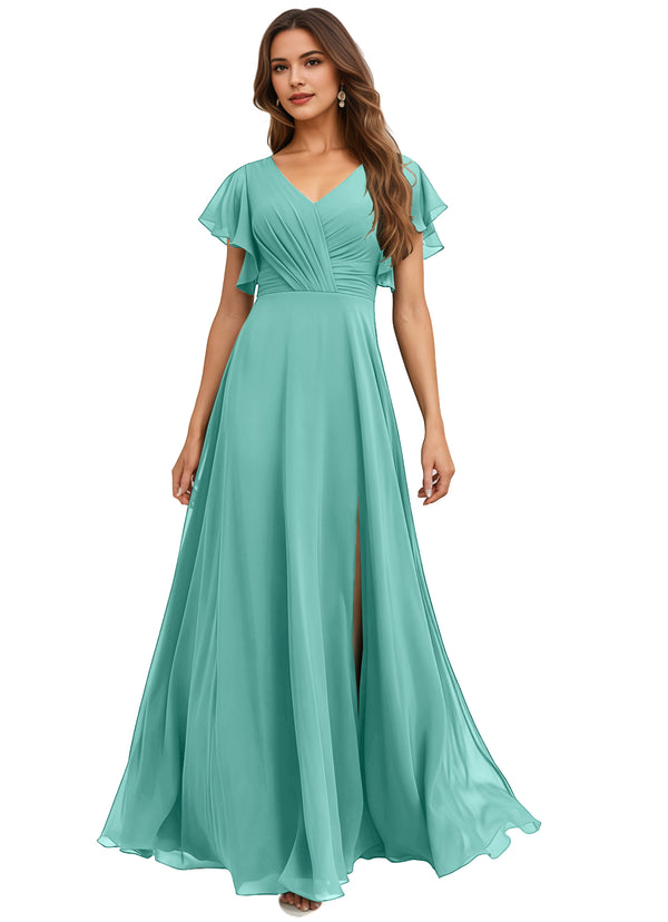 A-line V-Neck Floor-Length Chiffon Bridesmaid Dress With Ruffle