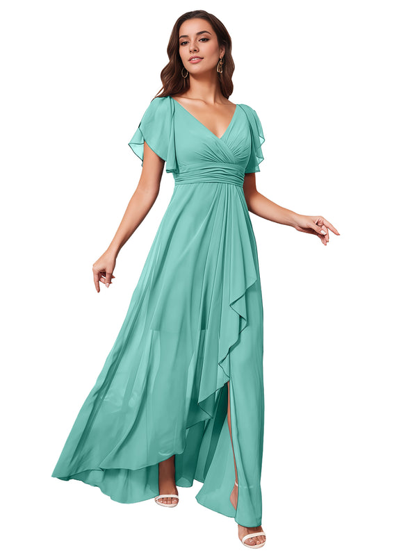 A-line V-Neck Floor-Length Chiffon Bridesmaid Dress With Ruffle