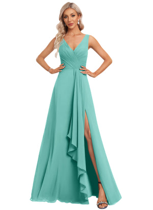A-line V-Neck Floor-Length Chiffon Bridesmaid Dress with Ruffle