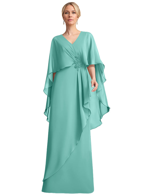 A-line V-Neck Floor-Length Chiffon Mother of the Bride Dress With Cascading Ruffles Beading