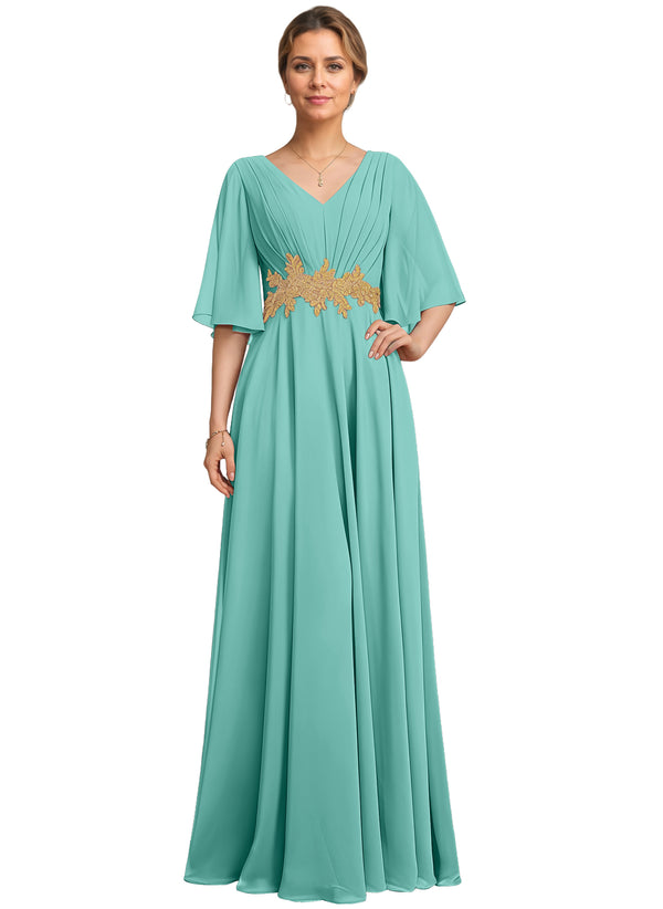 A-line V-Neck Floor-Length Chiffon Lace Mother of the Bride Dress With Sequins Beading