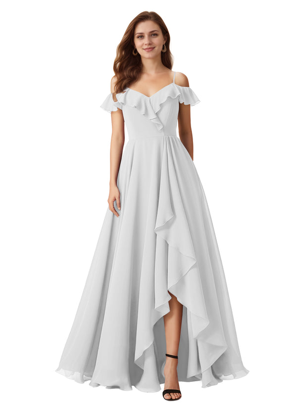A-line Cold Shoulder Floor-Length Chiffon Bridesmaid Dress With Ruffle