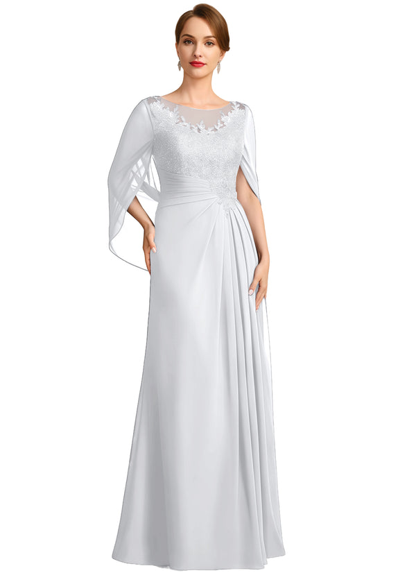 A-line Scoop Illusion Floor-Length Lace Chiffon Mother of the Bride Dress With Sequins Pleated