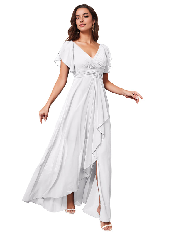 A-line V-Neck Floor-Length Chiffon Bridesmaid Dress With Ruffle