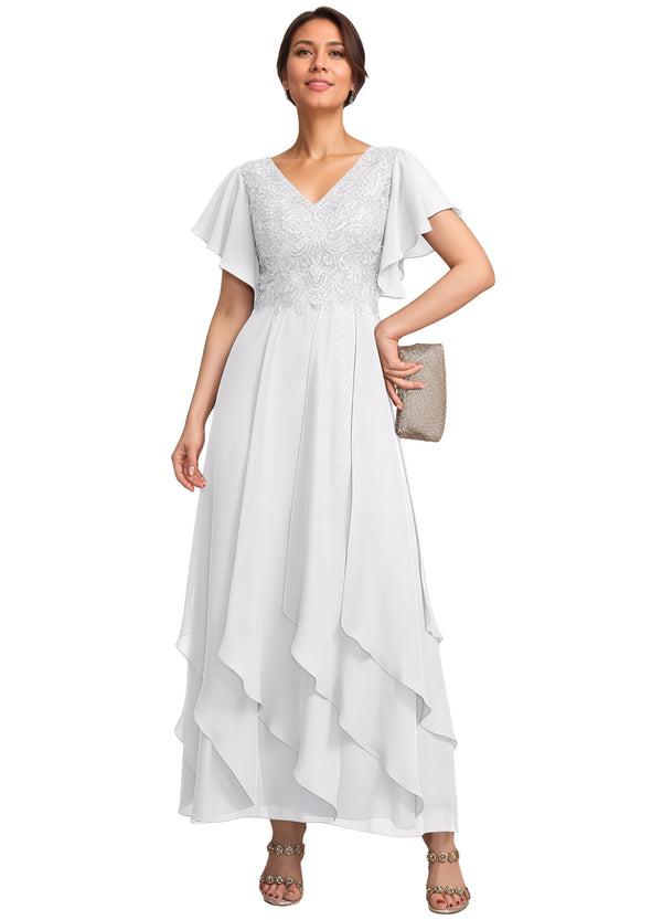 A-line V-Neck Ankle-Length Lace Chiffon Mother of the Bride Dress With Cascading Ruffles