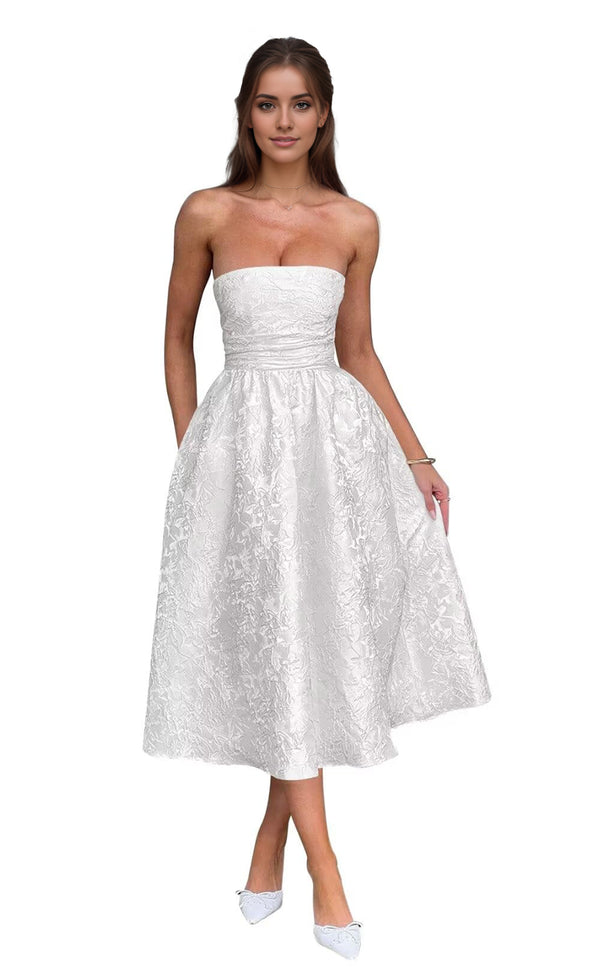 A-Line Strapless Tea-Length Jacquard Prom Dresses