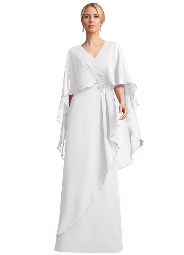 A-line V-Neck Floor-Length Chiffon Mother of the Bride Dress With Cascading Ruffles Beading