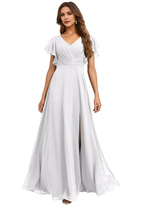 A-line V-Neck Floor-Length Chiffon Bridesmaid Dress With Ruffle