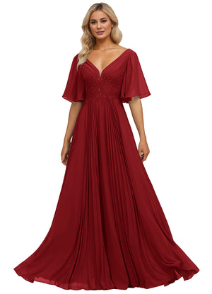 A-line V-Neck Floor-Length Chiffon Mother of the Bride Dress With Sequins Appliques Lace Pleated