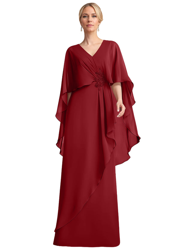 A-line V-Neck Floor-Length Chiffon Mother of the Bride Dress With Cascading Ruffles Beading