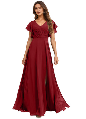 A-line V-Neck Floor-Length Chiffon Bridesmaid Dress With Ruffle