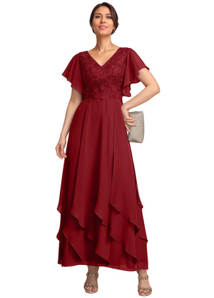 A-line V-Neck Ankle-Length Lace Chiffon Mother of the Bride Dress With Cascading Ruffles