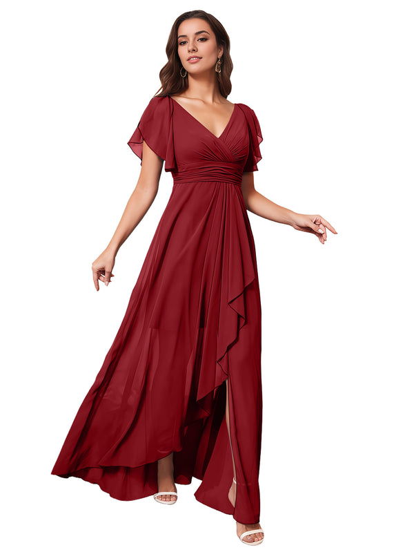 A-line V-Neck Floor-Length Chiffon Bridesmaid Dress With Ruffle