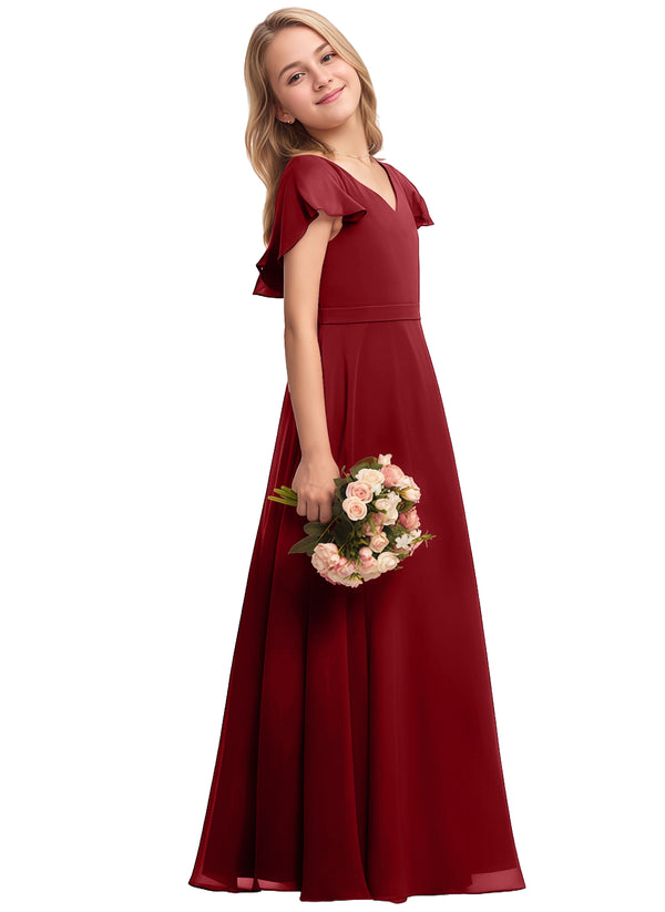 A-line V-Neck Floor-Length Chiffon Junior Bridesmaid Dress