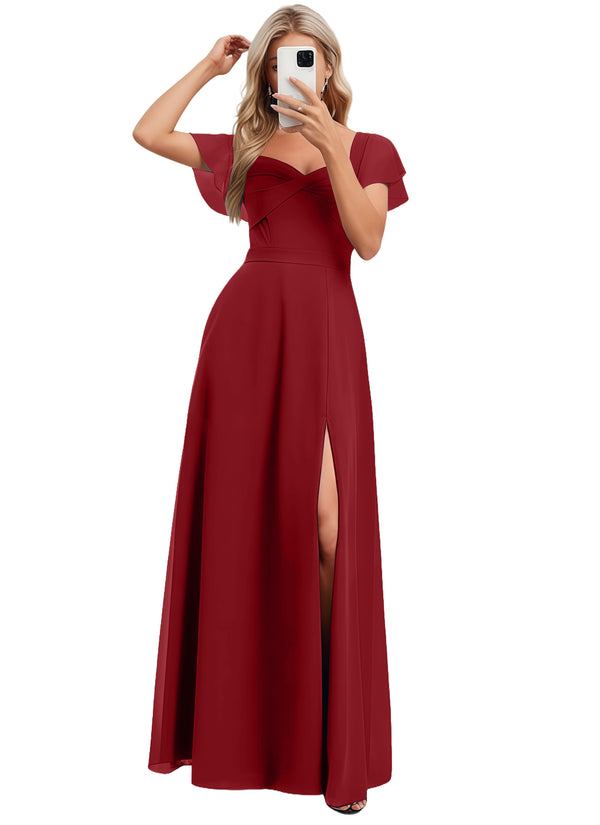 A-line V-Neck Floor-Length Chiffon Bridesmaid Dress With Ruffle