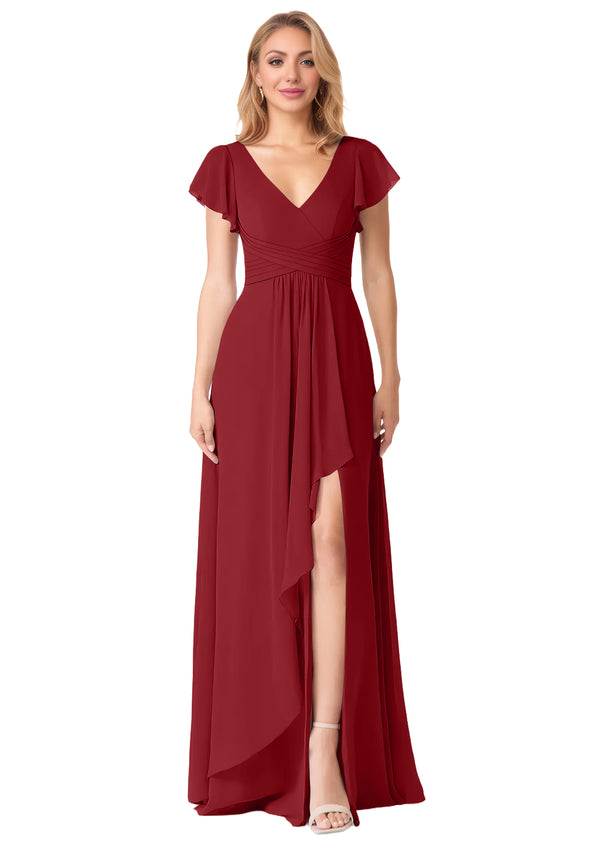 A-line V-Neck Floor-Length Chiffon Bridesmaid Dress With Ruffle